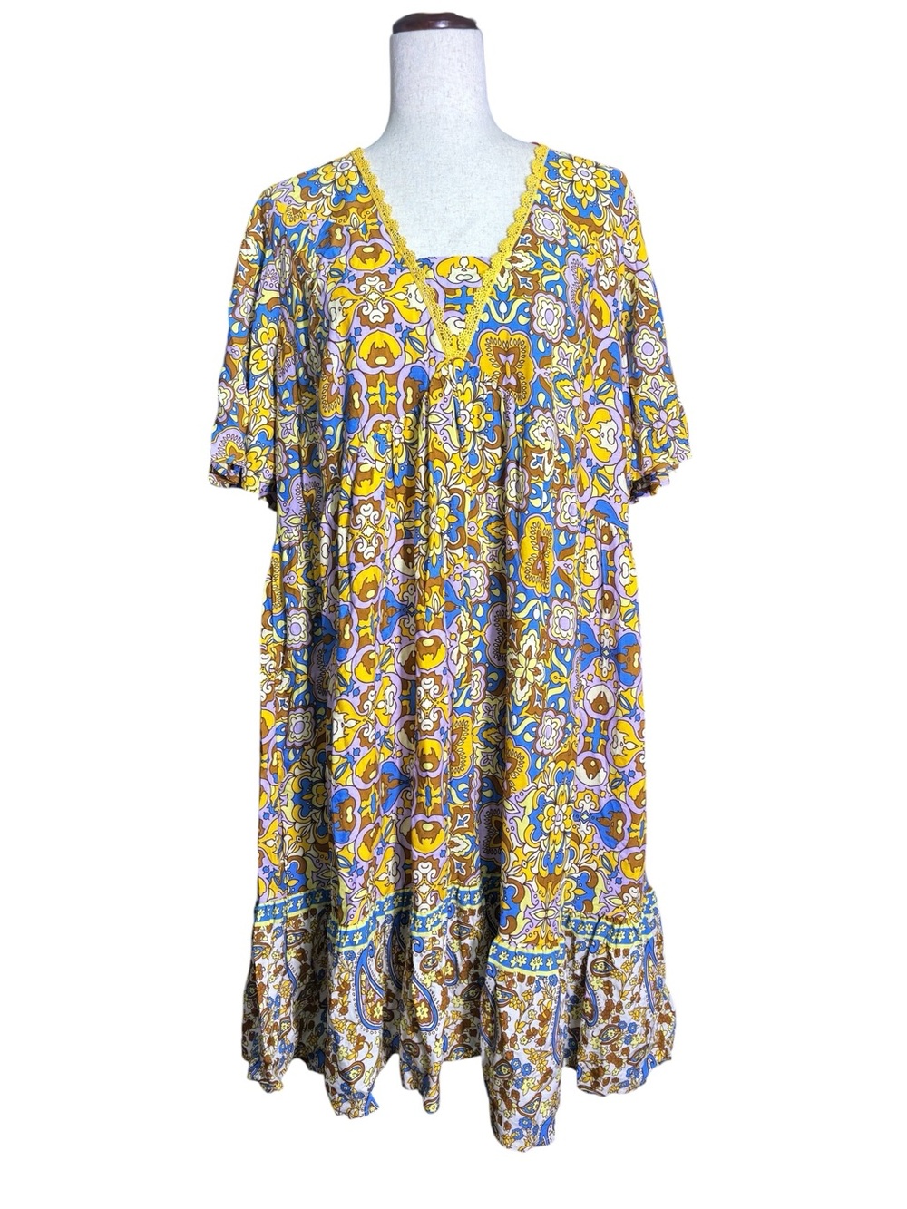NWT Rusttydustty Boho Paisley Retro Mod  Babydoll Floral Swing Dress OXL